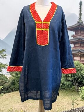 Anne Namba Asian Tunic Mini Dress Hawaii Sz M Side Slits Blue Asian Knot Buttons